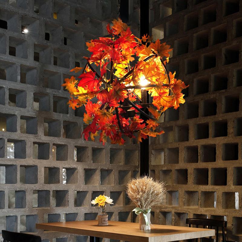 4 Heads Hanging Chandelier Vintage Globe Cage Pendant Light Kit with Red Maple Leaf Deco - Rebooters