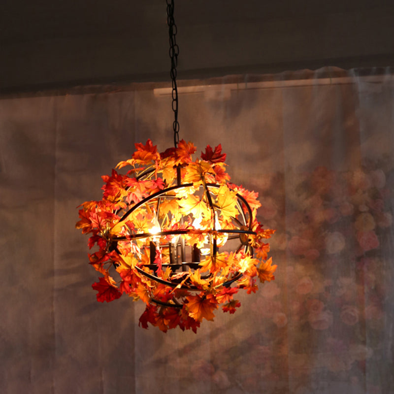 4 Heads Hanging Chandelier Vintage Globe Cage Pendant Light Kit with Red Maple Leaf Deco - Rebooters