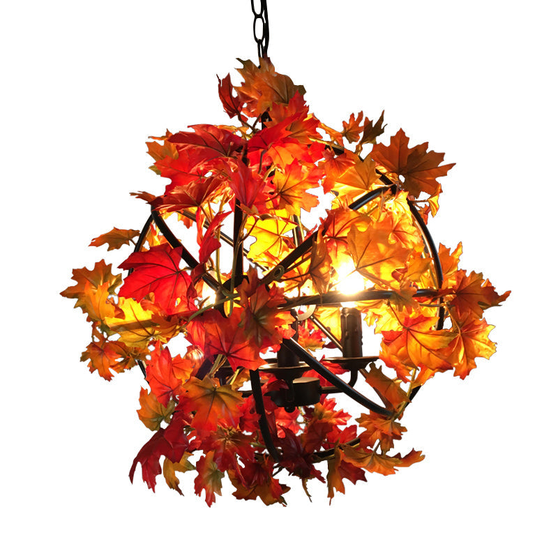 4 Heads Hanging Chandelier Vintage Globe Cage Pendant Light Kit with Red Maple Leaf Deco - Rebooters