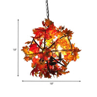 4 Heads Hanging Chandelier Vintage Globe Cage Pendant Light Kit with Red Maple Leaf Deco - Rebooters