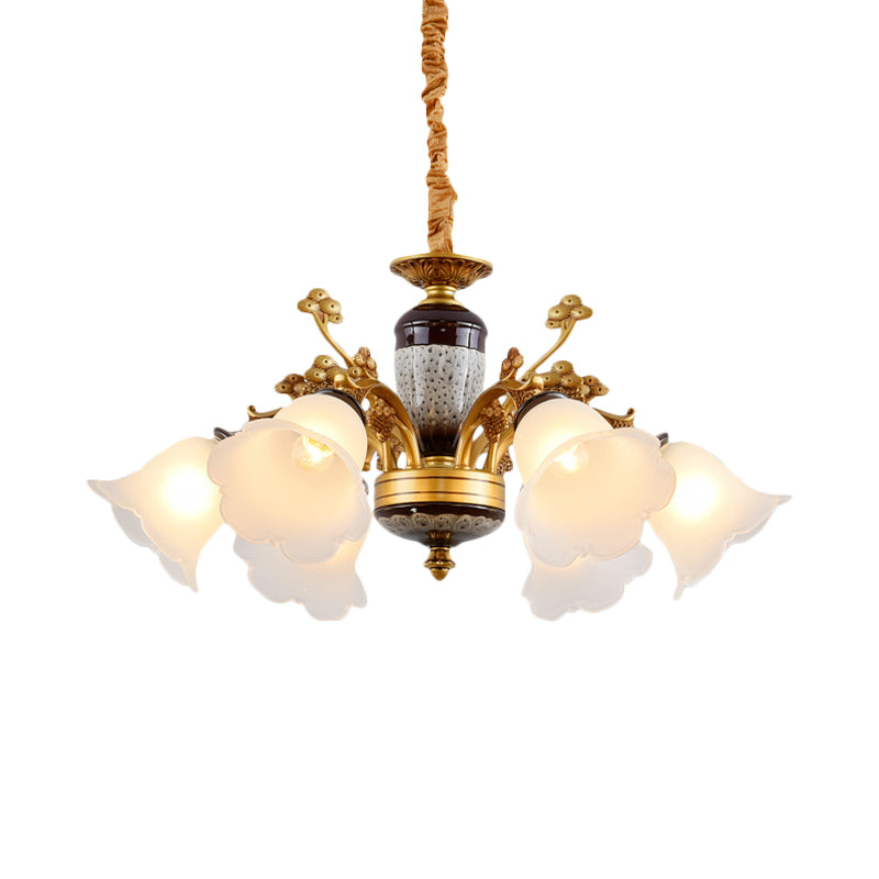 White Glass Floral Pendant Lighting Traditional 6 Lights Chandelier Lamp in Gold - Rebooters