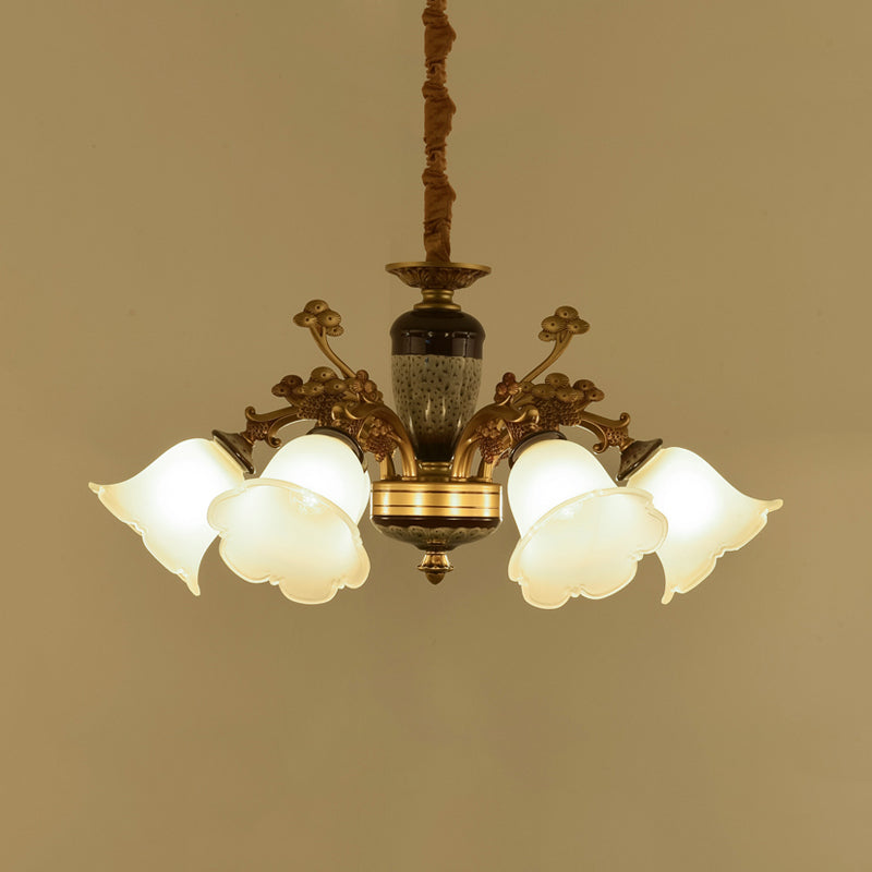 White Glass Floral Pendant Lighting Traditional 6 Lights Chandelier Lamp in Gold - Rebooters