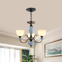 3/6 Heads Pendant Chandelier Countryside Bowl White Glass Ceiling Light in Black - Rebooters