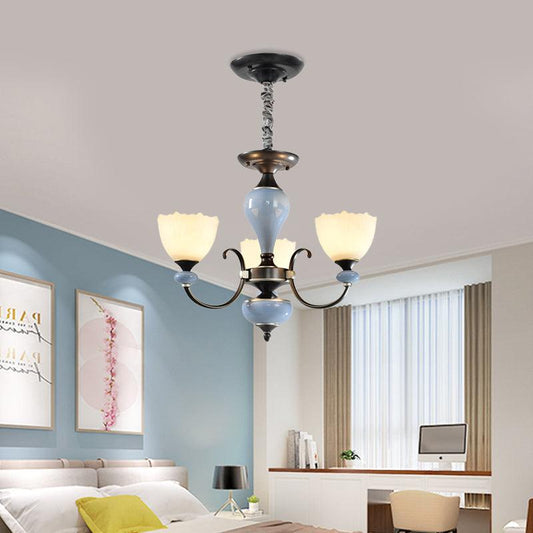 3/6 Heads Pendant Chandelier Countryside Bowl White Glass Ceiling Light in Black - Rebooters