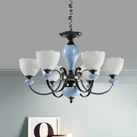 3/6 Heads Pendant Chandelier Countryside Bowl White Glass Ceiling Light in Black - Rebooters