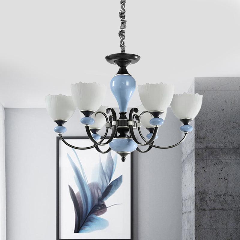 3/6 Heads Pendant Chandelier Countryside Bowl White Glass Ceiling Light in Black - Rebooters