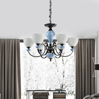 3/6 Heads Pendant Chandelier Countryside Bowl White Glass Ceiling Light in Black - Rebooters