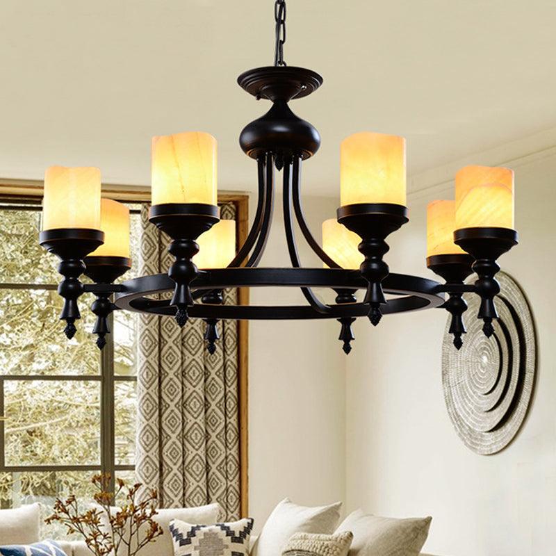 8 Lights Ceiling Chandelier Countryside Candle Crackled Dolomite Hanging Lamp Kit in Black - Rebooters