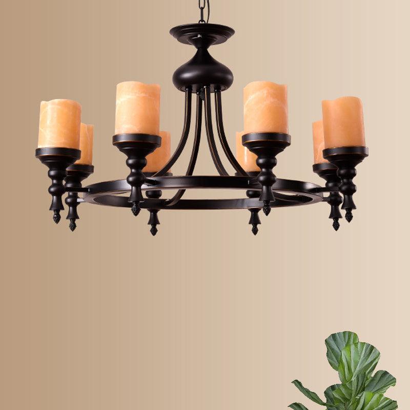 8 Lights Ceiling Chandelier Countryside Candle Crackled Dolomite Hanging Lamp Kit in Black - Rebooters