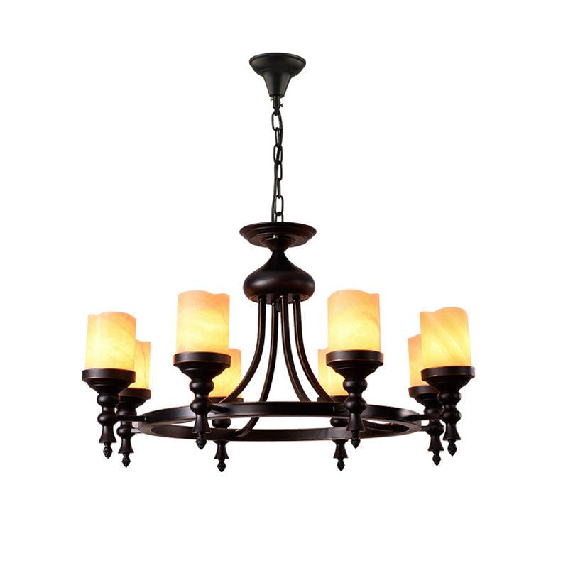 8 Lights Ceiling Chandelier Countryside Candle Crackled Dolomite Hanging Lamp Kit in Black - Rebooters