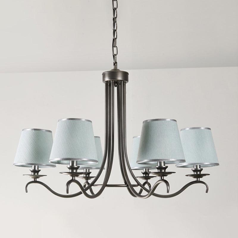Fabric Cone Chandelier Light Classic Style 6 Heads Dining Room Pendant Silver Blue White - Rebooters