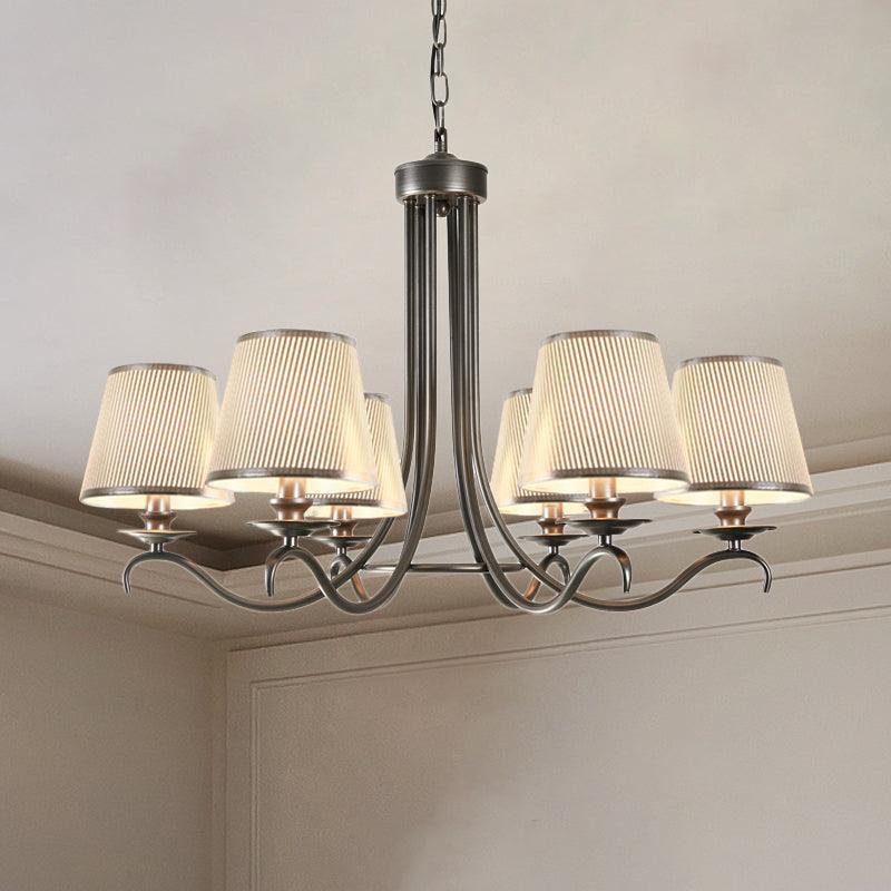Fabric Cone Chandelier Light Classic Style 6 Heads Dining Room Pendant Silver Blue White - Rebooters