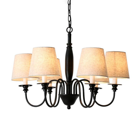 Black 6 Heads Chandelier Lighting Country Fabric Tapered Pendant - Rebooters