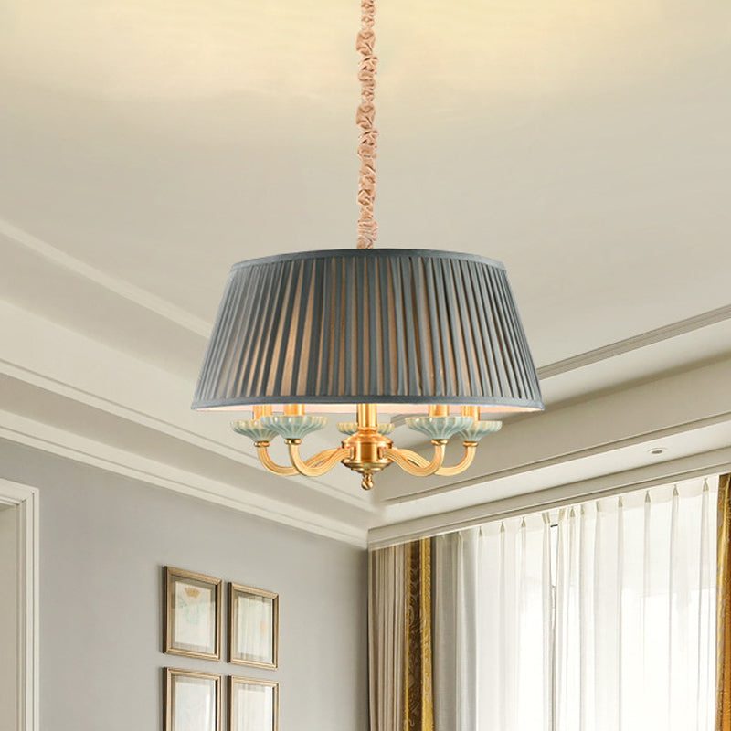 Brass Pleated Drum Chandelier Lighting Rustic Fabric 5 Heads - Rebooters