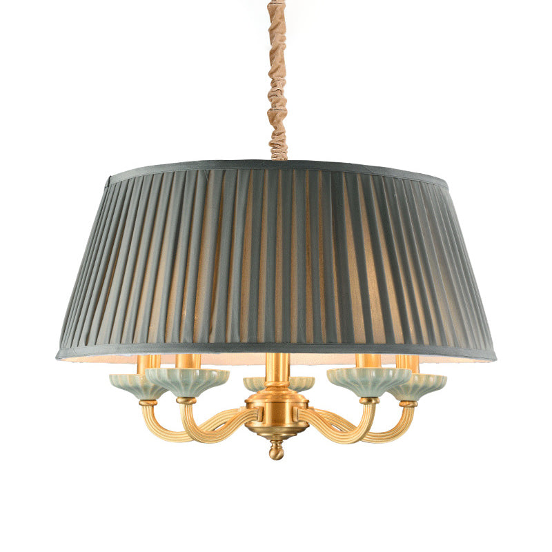 Brass Pleated Drum Chandelier Lighting Rustic Fabric 5 Heads - Rebooters
