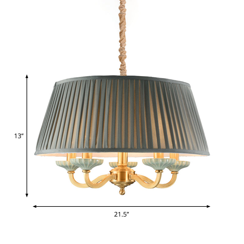 Brass Pleated Drum Chandelier Lighting Rustic Fabric 5 Heads - Rebooters