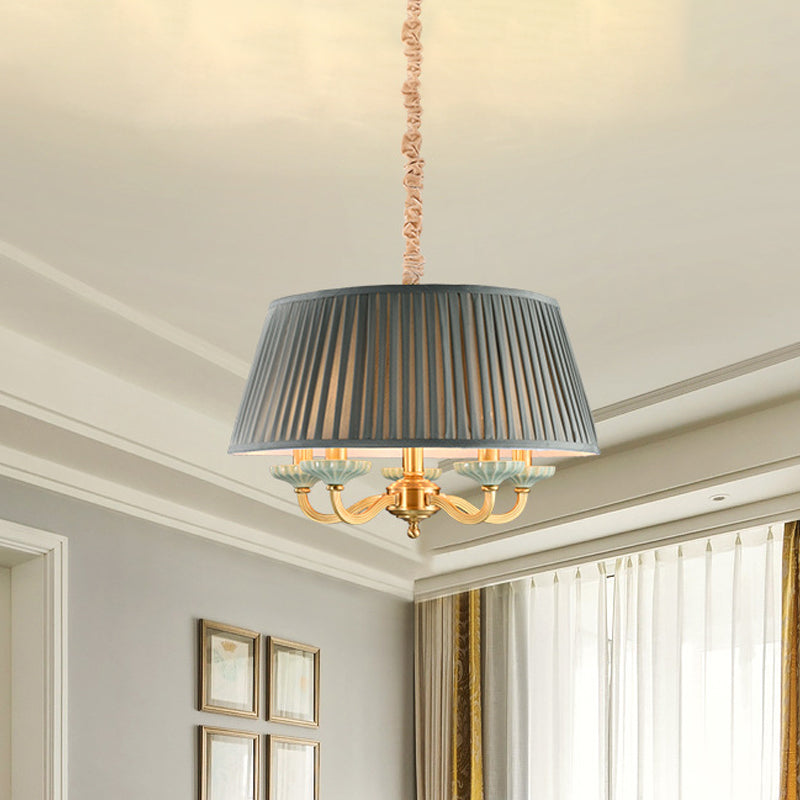Fabric Pleated Drum Ceiling Chandelier Country 5 Head Dining Room Light in Gray - Rebooters