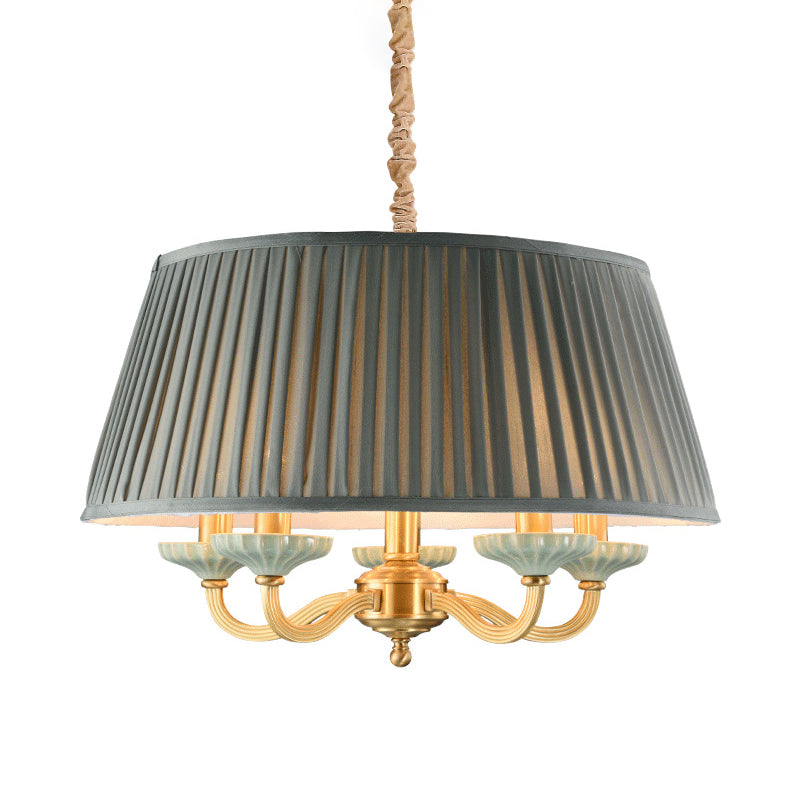 Fabric Pleated Drum Ceiling Chandelier Country 5 Head Dining Room Light in Gray - Rebooters