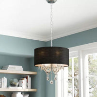 4 Lights Chandelier Modernism Drum Fabric Hanging Ceiling Light in Black with Crystal Ball Accent - Rebooters