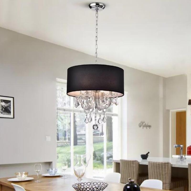 4 Lights Chandelier Modernism Drum Fabric Hanging Ceiling Light in Black with Crystal Ball Accent - Rebooters