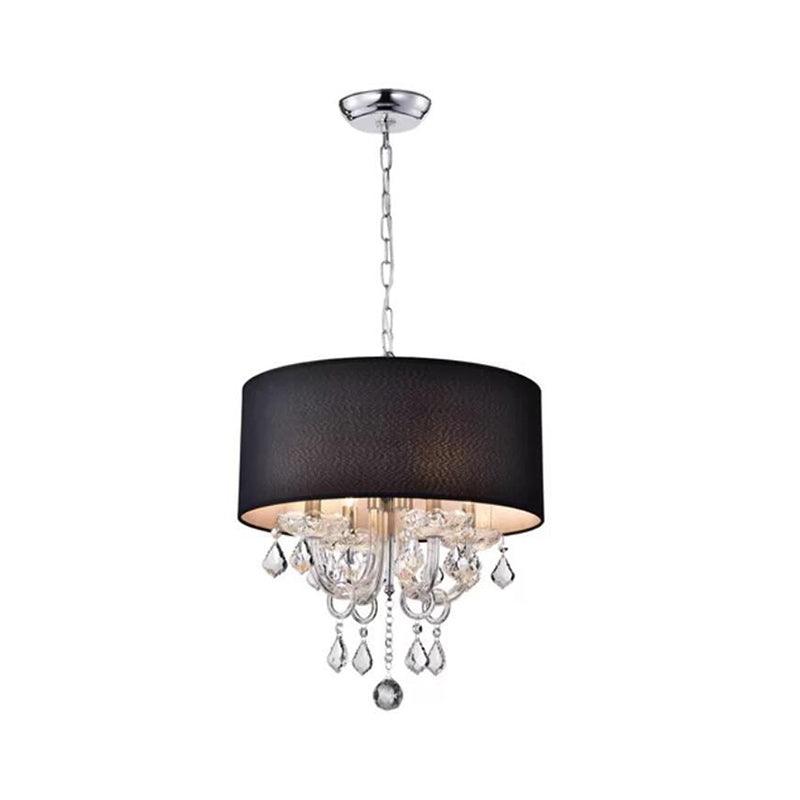 4 Lights Chandelier Modernism Drum Fabric Hanging Ceiling Light in Black with Crystal Ball Accent - Rebooters