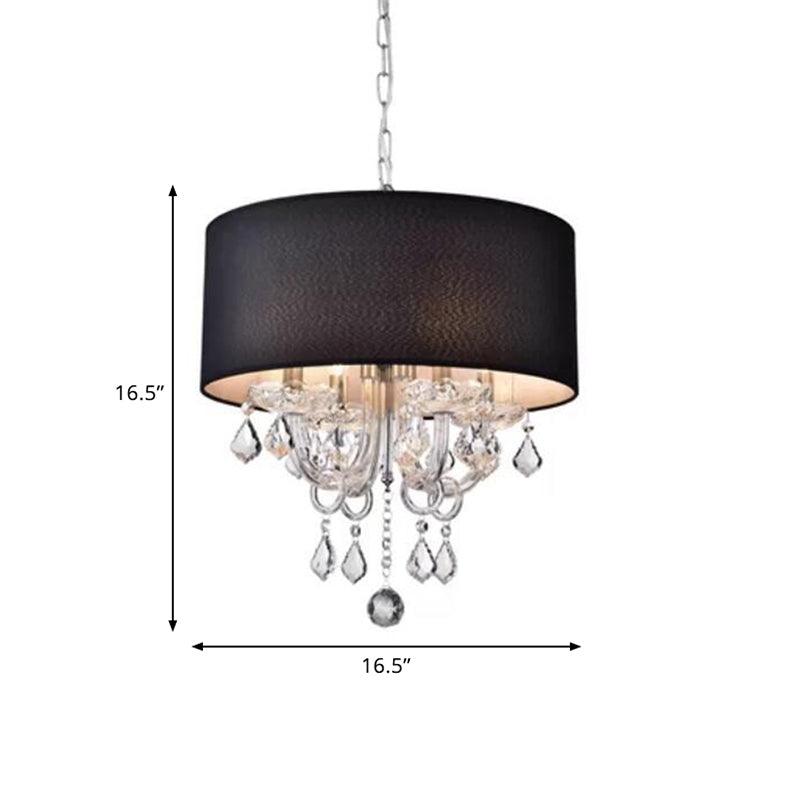 4 Lights Chandelier Modernism Drum Fabric Hanging Ceiling Light in Black with Crystal Ball Accent - Rebooters