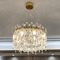 8 Bulbs Round Chandelier Lamp Simple Style Gold Crystal Pendant - Rebooters