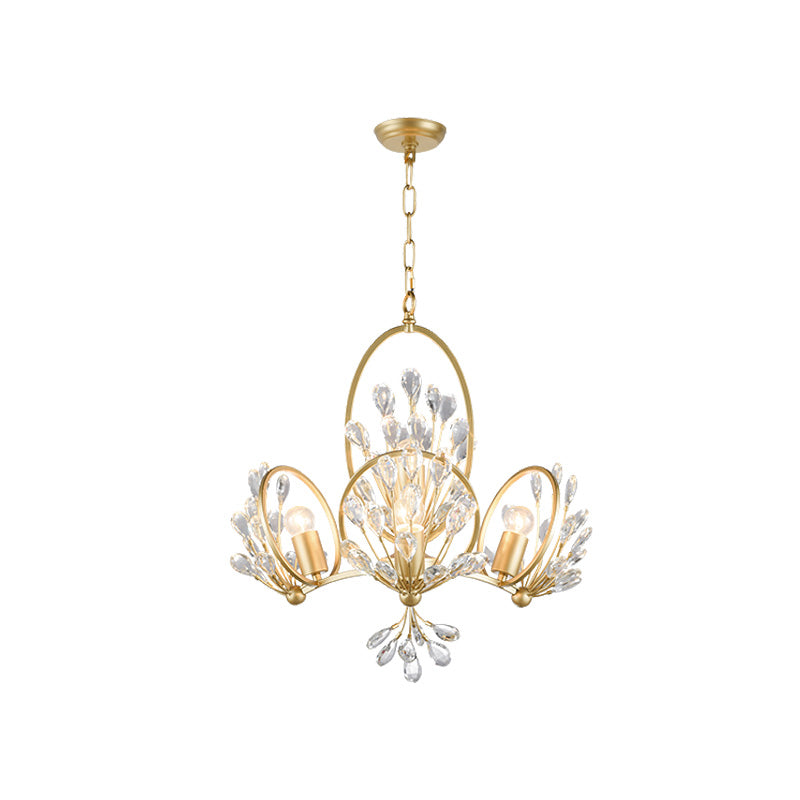 3-Bulb Crystal Chandelier Light Fixture Retro Gold Petals Pendant - Rebooters