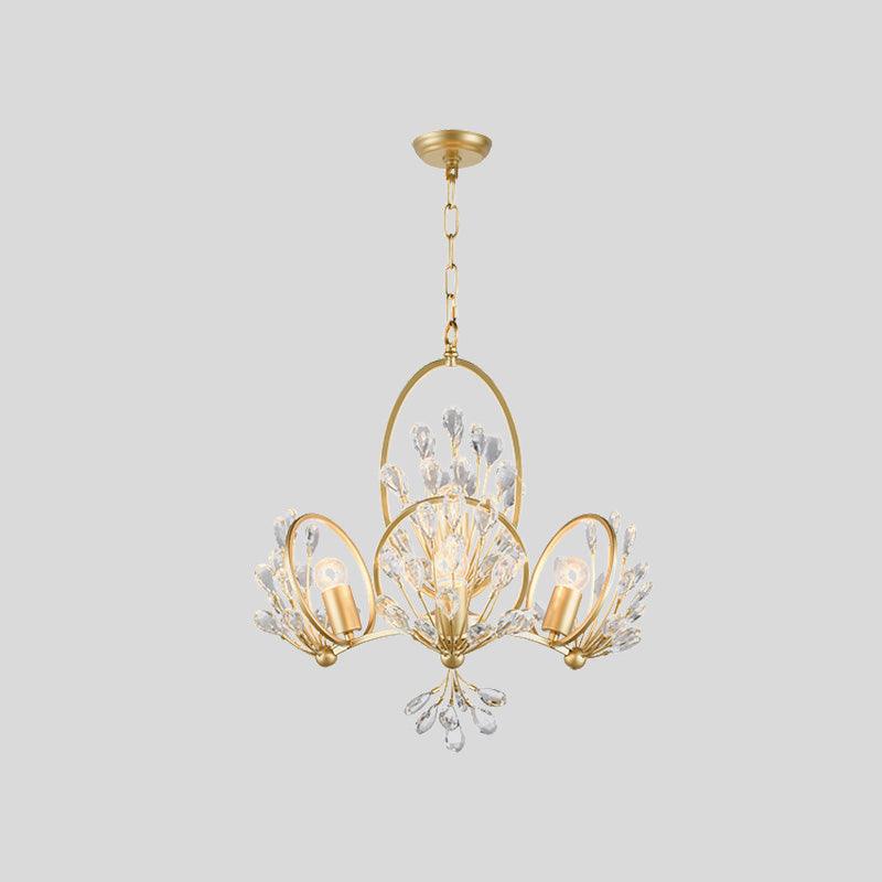 3-Bulb Crystal Chandelier Light Fixture Retro Gold Petals Pendant - Rebooters