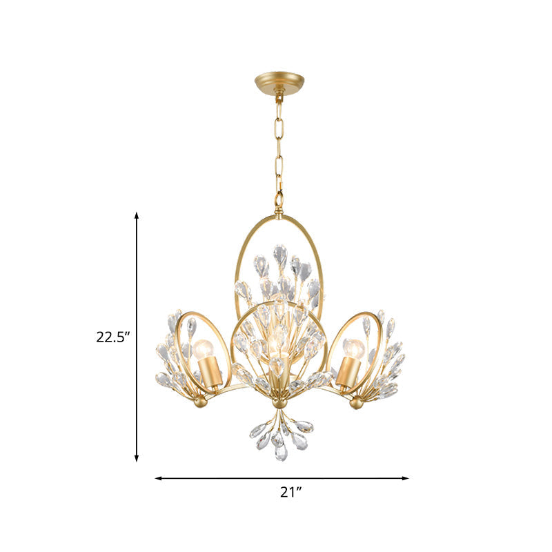 3-Bulb Crystal Chandelier Light Fixture Retro Gold Petals Pendant - Rebooters