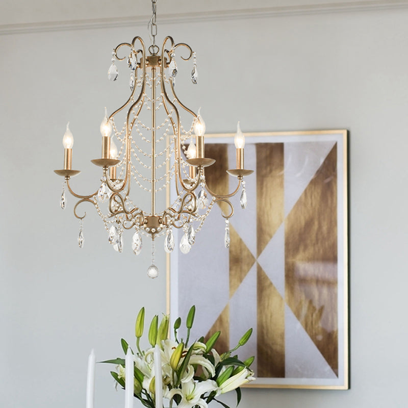 Rustic Candelabra Chandelier 6 Lights Crystal Strand Pendant Lighting in Gold - Rebooters