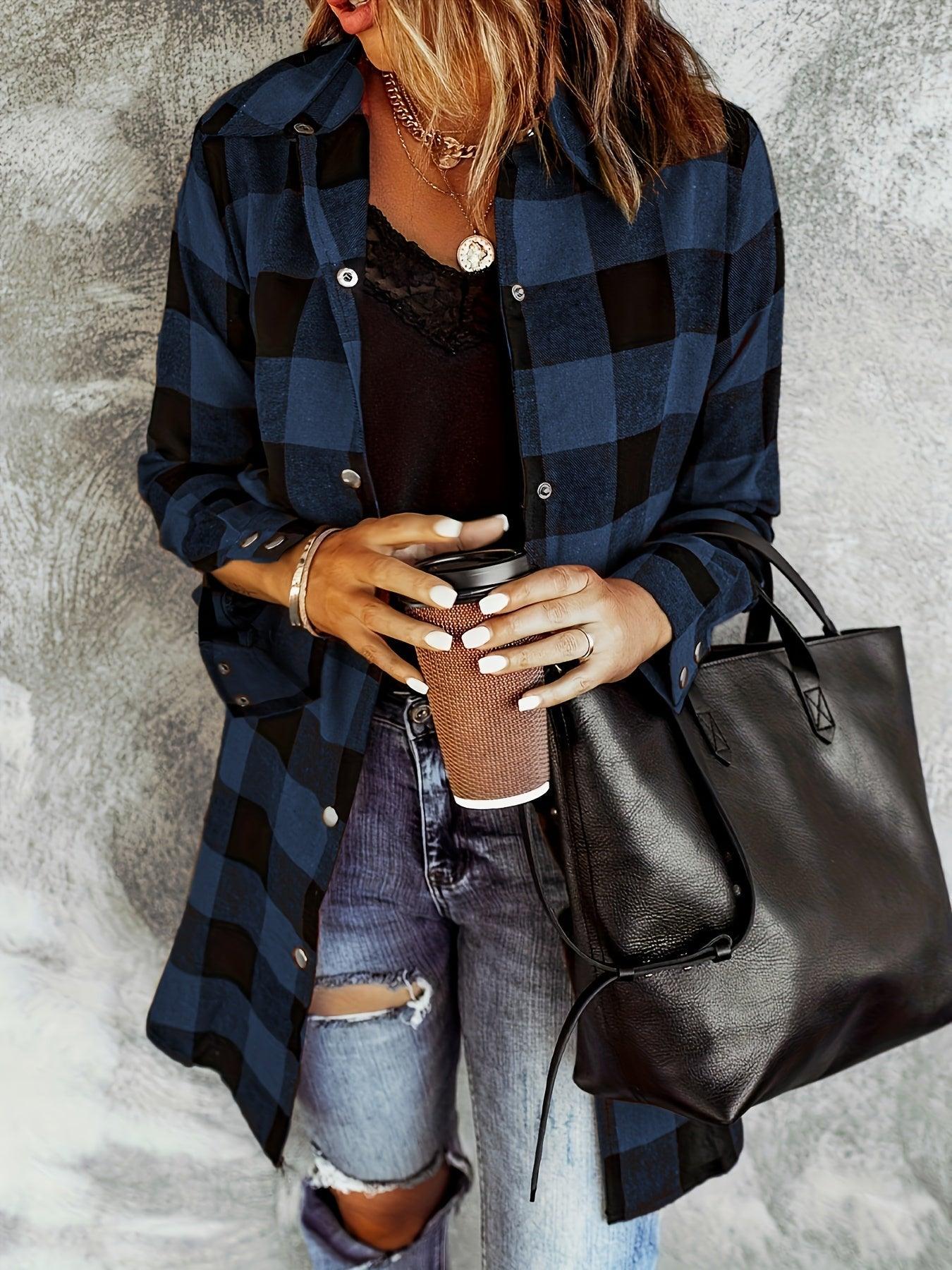 Plaid Button-Up Shirt Long Sleeves for Women - Cozy Style Rebooters Womens Shirts