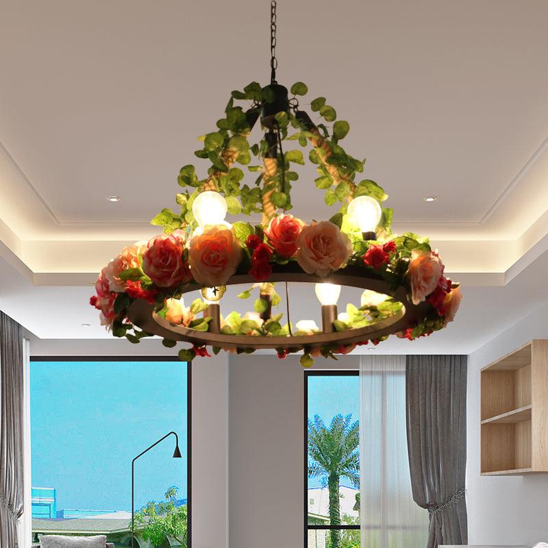 6 Lights Exposed Bulb Chandelier Lamp Loft Style Black Metal Pendant Light Kit - Rebooters