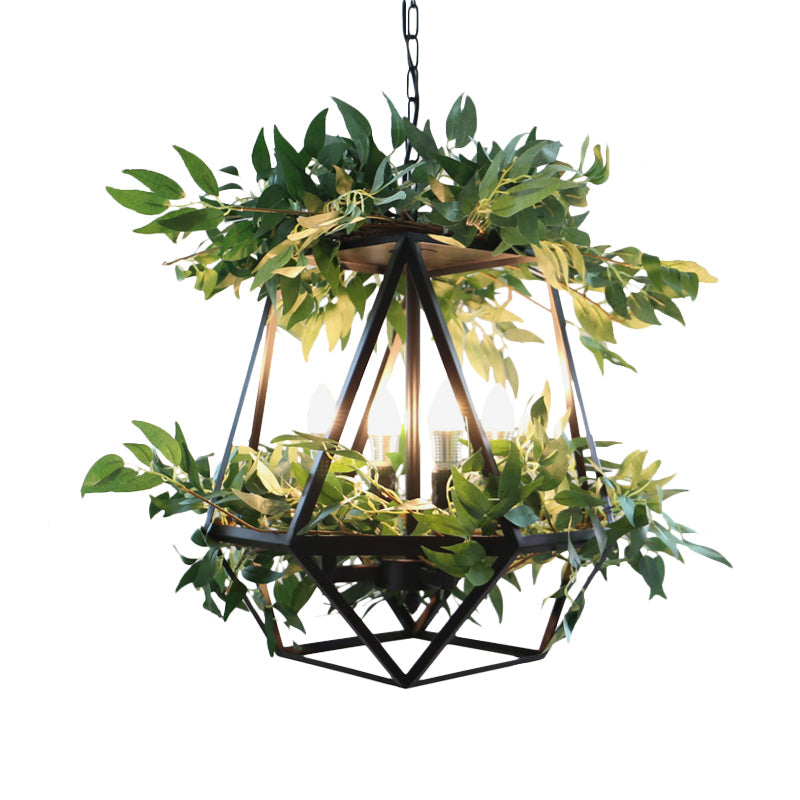 4-Bulb Metal Chandelier Pendant Light Antiqued Style Black Prism Cage Dining Room Lamp - Rebooters