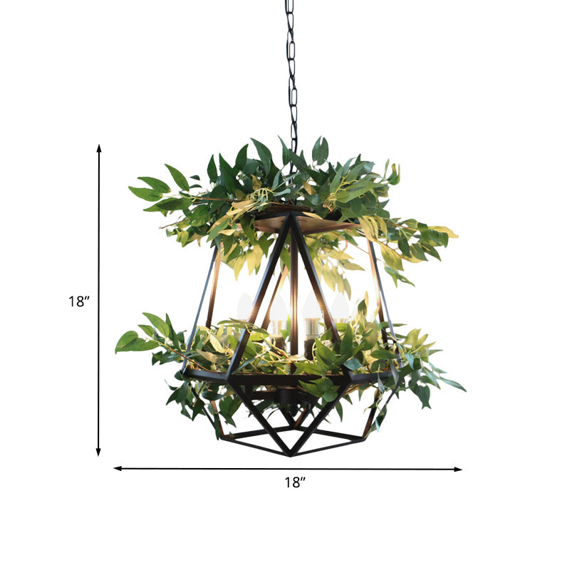 4-Bulb Metal Chandelier Pendant Light Antiqued Style Black Prism Cage Dining Room Lamp - Rebooters