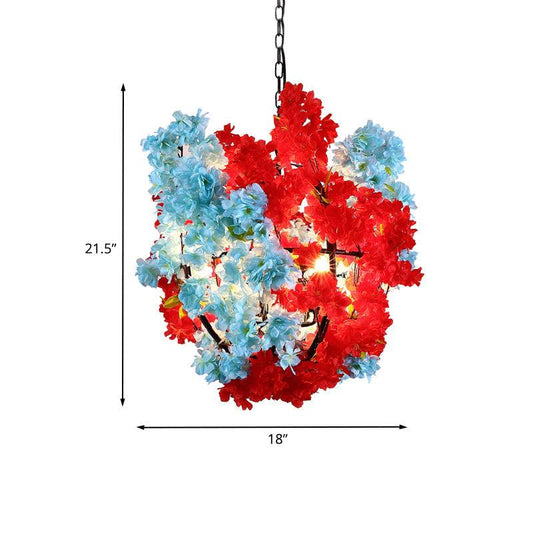 3 Bulbs Floral Spherical Chandelier Lighting Fixture Industrial Red and Blue Metallic Lamp - Rebooters