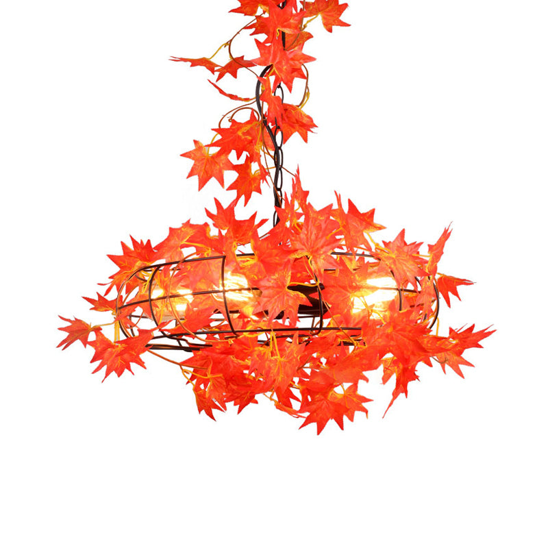 5 Lights Ceiling Chandelier Farmhouse Fan Cage Iron Drop Pendant with Orange and Red Maple Leaf Red Rose Deco - Rebooters