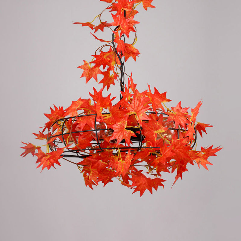 5 Lights Ceiling Chandelier Farmhouse Fan Cage Iron Drop Pendant with Orange and Red Maple Leaf Red Rose Deco - Rebooters