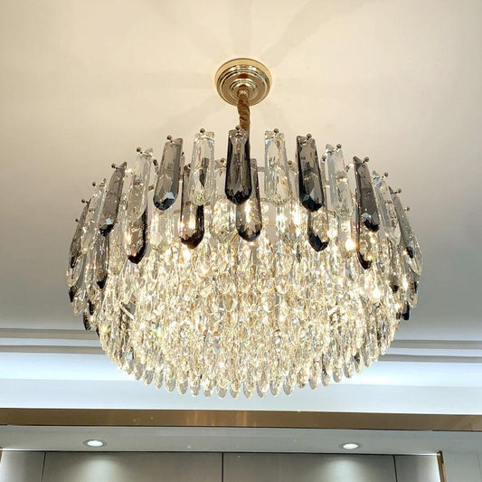 9 Heads Grey Crystal Block Chandelier Modern Gold Round Ceiling Hang Fixture - Rebooters