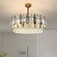 9 Heads Grey Crystal Block Chandelier Modern Gold Round Ceiling Hang Fixture - Rebooters