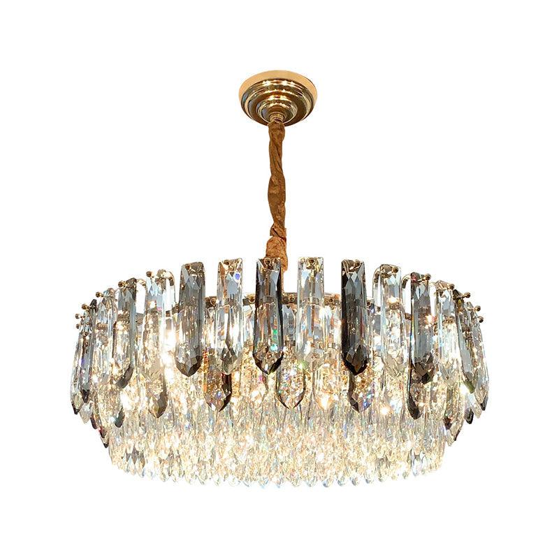 9 Heads Grey Crystal Block Chandelier Modern Gold Round Ceiling Hang Fixture - Rebooters