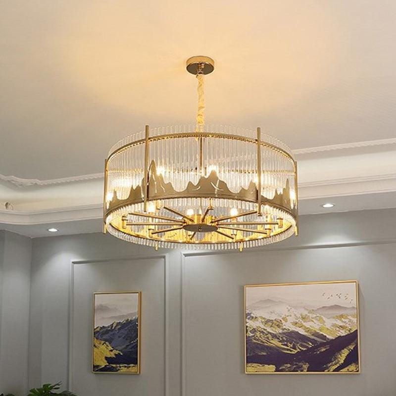 Strip Crystal Gold Ceiling Chandelier 8-Light Drum Shape - Rebooters