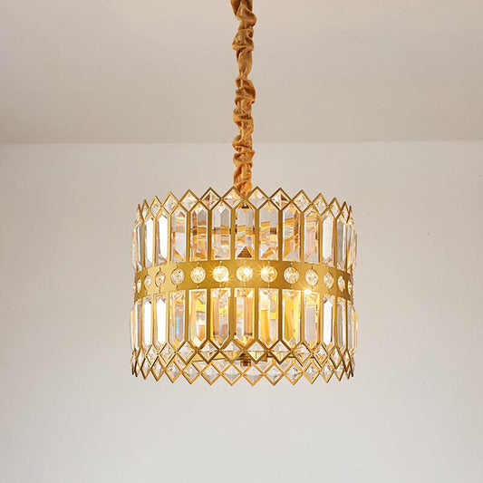 3/4 Lights Drum Hanging Lamp Traditional Gold Crystal Chandelier - Rebooters