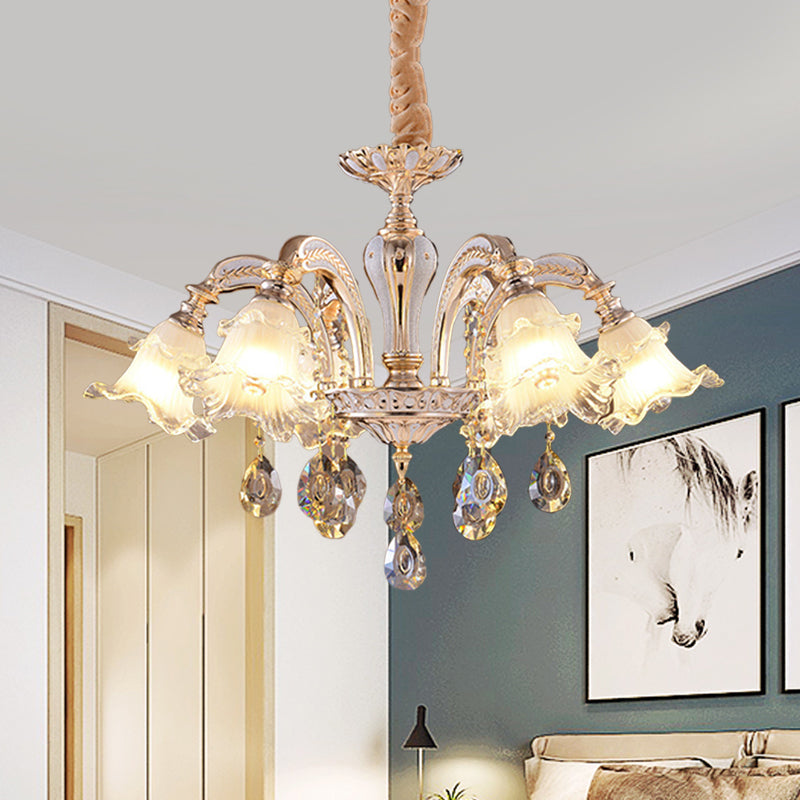 2-Layer Ruffle Clear Glass Chandelier Antiqued 3/6 Lights Dining Table Suspension Lamp in Gold - Rebooters