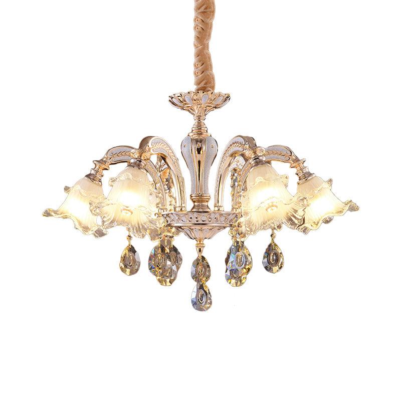 2-Layer Ruffle Clear Glass Chandelier Antiqued 3/6 Lights Dining Table Suspension Lamp in Gold - Rebooters