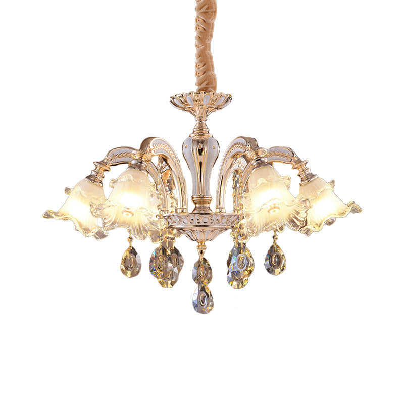 2-Layer Ruffle Clear Glass Chandelier Antiqued 3/6 Lights Dining Table Suspension Lamp in Gold - Rebooters