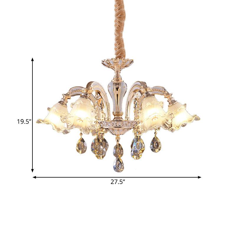 2-Layer Ruffle Clear Glass Chandelier Antiqued 3/6 Lights Dining Table Suspension Lamp in Gold - Rebooters
