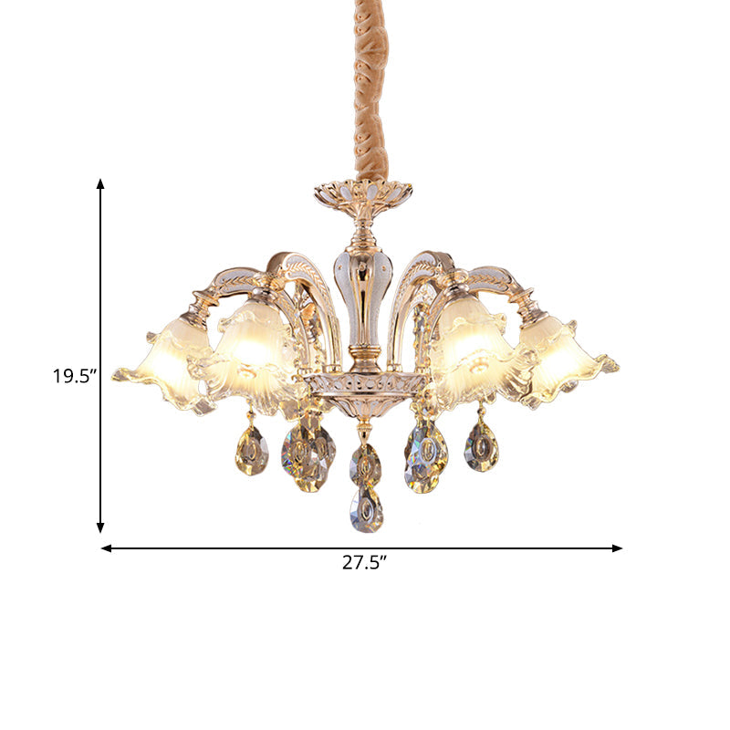 2-Layer Ruffle Clear Glass Chandelier Antiqued 3/6 Lights Dining Table Suspension Lamp in Gold - Rebooters