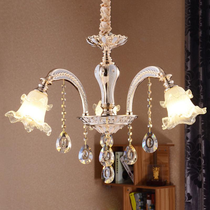 2-Layer Ruffle Clear Glass Chandelier Antiqued 3/6 Lights Dining Table Suspension Lamp in Gold - Rebooters