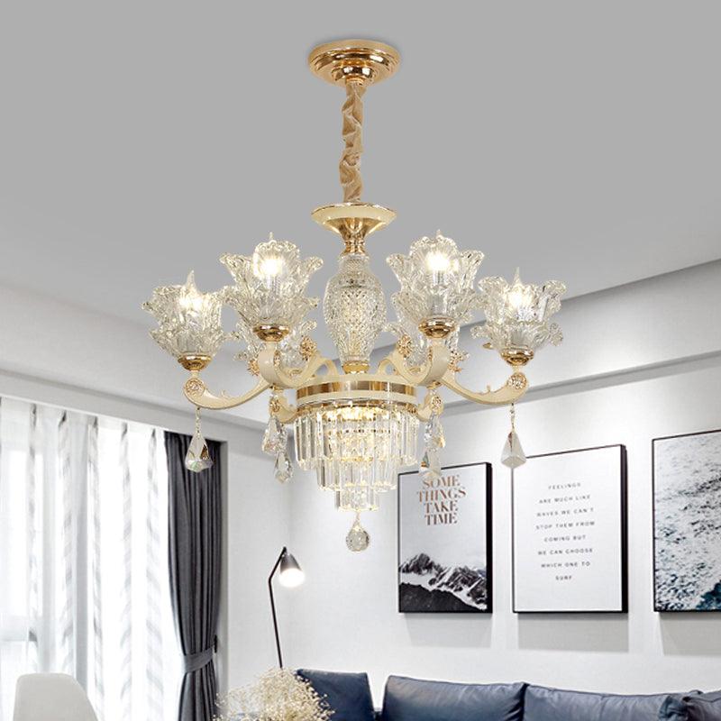 6 Heads Clear Glass Chandelier Modern Gold Blossom Light - Rebooters